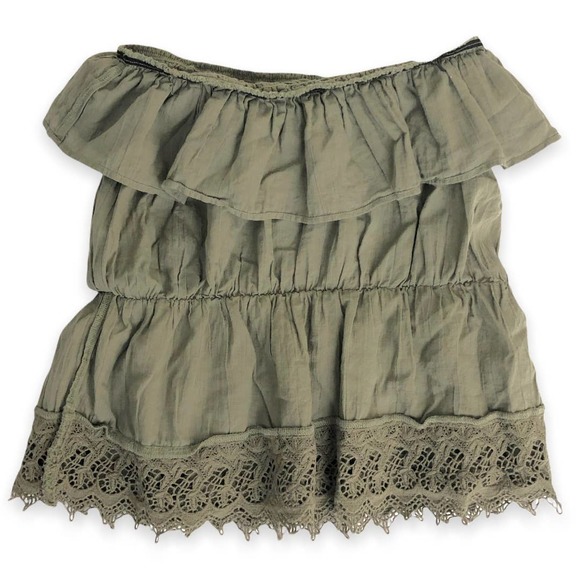 American Eagle Outfitters Top Off-the-Shoulder Ruffled Laced Olive Green - Picture 2 of 3